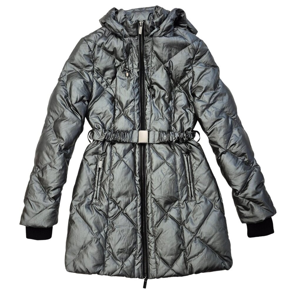 Bebe Belted Down Puffer Hood Mid Length Full Zip Shiny Gray Jacket Womens XS
